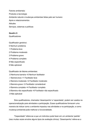 Fatores ambientais:
Produtos e tecnologia
Ambiente natural e mudanças ambientais feitas pelo ser humano
Apoio e relacionamentos
Atitudes
Serviços, sistemas e políticas
Quadro 2:
Qualificadores
Qualificador genérico:
0 Nenhum problema
1 Problema leve
2 Problema moderado
3 Problema grave
4 Problema completo
8 Não especificado
9 Não aplicável
Qualificador de fatores ambientais:
.0 Nenhuma barreira +0 Nenhum facilitador
.1 Barreira leve +1 Facilitador leve
.2 Barreira moderada +2 Facilitador moderado
.3 Barreira grave +3 Facilitador considerável
.4 Barreira completa +4 Facilitador completo
.8 Barreira não especificada +8 Facilitador não especificado
.9 Não aplicável
Dois qualificadores, chamados 'desempenho' e 'capacidade', podem ser usados na
operacionalização para atividades e participação. Esses qualificadores fornecem uma
maneira de indicar como o ambiente impactou nas atividades e na participação, e como
mudança ambiental pode melhorar a funcionalidade.
"Capacidade" refere-se a que um indivíduo pode fazer em um ambiente 'padrão'
(isso muitas vezes envolve alguns tipos de avaliação clínica). 'Desempenho' refere-se a
 