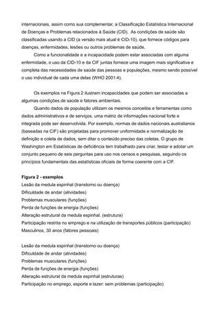 internacionais, assim como sua complementar, a Classificação Estatística Internacional
de Doenças e Problemas relacionados à Saúde (CID). As condições de saúde são
classificadas usando a CID (a versão mais atual é CID-10), que fornece códigos para
doenças, enfermidades, lesões ou outros problemas de saúde.
Como a funcionalidade e a incapacidade podem estar associadas com alguma
enfermidade, o uso da CID-10 e da CIF juntas fornece uma imagem mais significativa e
completa das necessidades de saúde das pessoas e populações, mesmo sendo possível
o uso individual de cada uma delas (WHO 2001:4).
Os exemplos na Figura 2 ilustram incapacidades que podem ser associadas a
algumas condições de saúde e fatores ambientais.
Quando dados de população utilizam os mesmos conceitos e ferramentas como
dados administrativos e de serviços, uma matriz de informações nacional forte e
integrada pode ser desenvolvida. Por exemplo, normas de dados nacionais australianos
(baseadas na CIF) são projetadas para promover uniformidade e normalização de
definição e coleta de dados, sem ditar o conteúdo preciso das coletas. O grupo de
Washington em Estatísticas de deficiência tem trabalhado para criar, testar e adotar um
conjunto pequeno de seis perguntas para uso nos censos e pesquisas, seguindo os
princípios fundamentais das estatísticas oficiais de forma coerente com a CIF.
Figura 2 - exemplos
Lesão da medula espinhal (transtorno ou doença)
Dificuldade de andar (atividades)
Problemas musculares (funções)
Perda de funções de energia (funções)
Alteração estrutural da medula espinhal. (estrutura)
Participação restrita no emprego e na utilização de transportes públicos (participação)
Masculinos, 30 anos (fatores pessoais)
Lesão da medula espinhal (transtorno ou doença)
Dificuldade de andar (atividades)
Problemas musculares (funções)
Perda de funções de energia (funções)
Alteração estrutural da medula espinhal (estruturas)
Participação no emprego, esporte e lazer: sem problemas (participação)
 