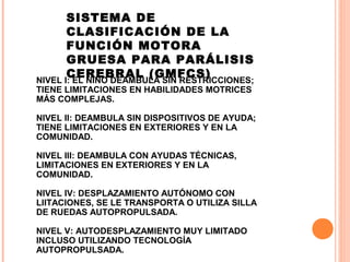 SISTEMA DE
CLASIFICACIÓN DE LA
FUNCIÓN MOTORA
GRUESA PARA PARÁLISIS
CEREBRAL (GMFCS)
NIVEL I: EL NIÑO DEAMBULA SIN RESTRICCIONES;
TIENE LIMITACIONES EN HABILIDADES MOTRICES
MÁS COMPLEJAS.

NIVEL II: DEAMBULA SIN DISPOSITIVOS DE AYUDA;
TIENE LIMITACIONES EN EXTERIORES Y EN LA
COMUNIDAD.
NIVEL III: DEAMBULA CON AYUDAS TÉCNICAS,
LIMITACIONES EN EXTERIORES Y EN LA
COMUNIDAD.
NIVEL IV: DESPLAZAMIENTO AUTÓNOMO CON
LIITACIONES, SE LE TRANSPORTA O UTILIZA SILLA
DE RUEDAS AUTOPROPULSADA.
NIVEL V: AUTODESPLAZAMIENTO MUY LIMITADO
INCLUSO UTILIZANDO TECNOLOGÍA
AUTOPROPULSADA.

 