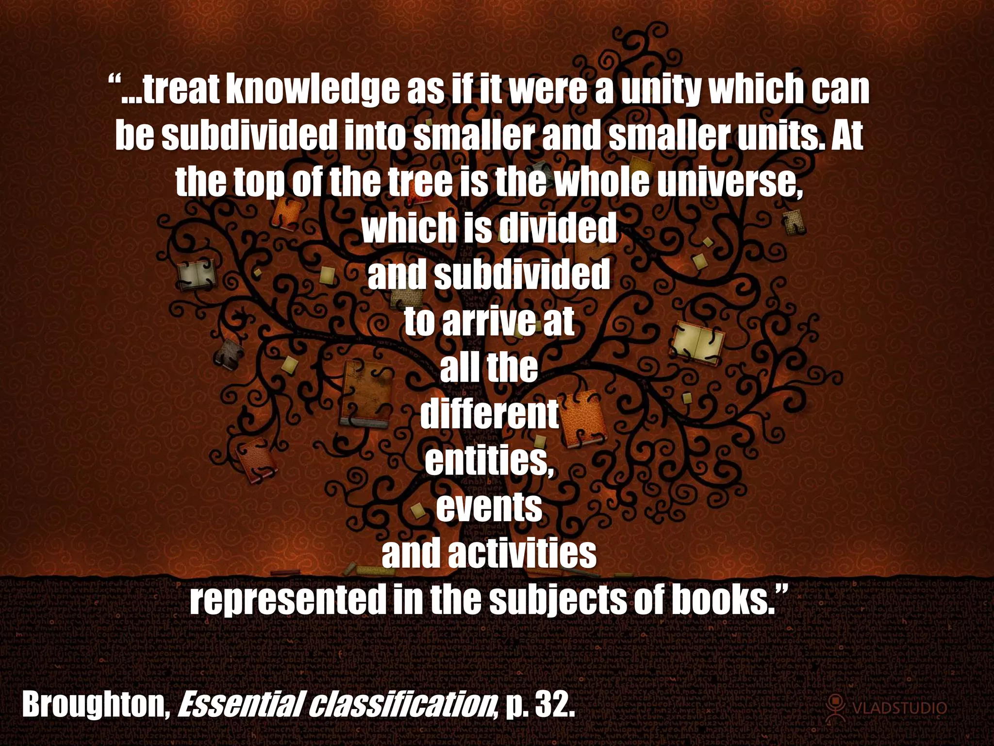 “…treat knowledge as if it were a unity which can
       be subdivided into smaller and smaller units. At
           the top of the tree is the whole universe,
                        which is divided
                        and subdivided
                           to arrive at
                              all the
                            different
                             entities,
                              events
                         and activities
            represented in the subjects of books.”

Broughton, Essential classification, p. 32.
 