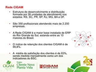 Rede CIGAM
  • Estrutura de desenvolvimento e distribuição
    formada por 26 unidades de atendimento nos
    estados: RS, SC, PR, SP, RJ, MG, BA e DF.

  • São 350 profissionais atendendo mais de 2.200
    empresas.

  • A Rede CIGAM é a maior base instalada de ERP
    do Rio Grande do Sul, estando entre as 10
    maiores do Brasil.

  • O índice de retenção dos clientes CIGAM é de
    99,8%.

  • A média de satisfação dos clientes é de 83%,
    sendo medida mensalmente como um dos
    indicadores do BSC.
 
