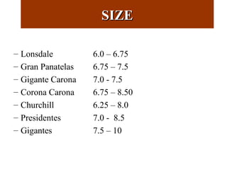 SIZESIZE
– Lonsdale 6.0 – 6.75
– Gran Panatelas 6.75 – 7.5
– Gigante Carona 7.0 - 7.5
– Corona Carona 6.75 – 8.50
– Churchill 6.25 – 8.0
– Presidentes 7.0 - 8.5
– Gigantes 7.5 – 10
 