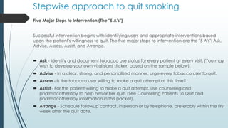 Stepwise approach to quit smoking
Five Major Steps to Intervention (The "5 A's")
Successful intervention begins with identifying users and appropriate interventions based
upon the patient's willingness to quit. The five major steps to intervention are the "5 A's": Ask,
Advise, Assess, Assist, and Arrange.
 Ask - Identify and document tobacco use status for every patient at every visit. (You may
wish to develop your own vital signs sticker, based on the sample below).
 Advise - In a clear, strong, and personalized manner, urge every tobacco user to quit.
 Assess - Is the tobacco user willing to make a quit attempt at this time?
 Assist - For the patient willing to make a quit attempt, use counseling and
pharmacotherapy to help him or her quit. (See Counseling Patients To Quit and
pharmacotherapy information in this packet).
 Arrange - Schedule followup contact, in person or by telephone, preferably within the first
week after the quit date.
 
