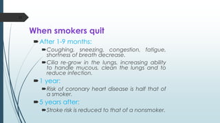 When smokers quit
After 1-9 months:
Coughing, sneezing, congestion, fatigue,
shortness of breath decrease.
Cilia re-grow in the lungs, increasing ability
to handle mucous, clean the lungs and to
reduce infection.
1 year:
Risk of coronary heart disease is half that of
a smoker.
5 years after:
Stroke risk is reduced to that of a nonsmoker.
52
 