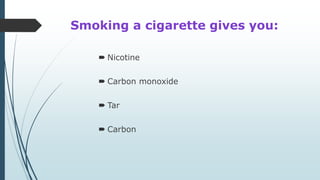 Smoking a cigarette gives you:
 Nicotine
 Carbon monoxide
 Tar
 Carbon
 