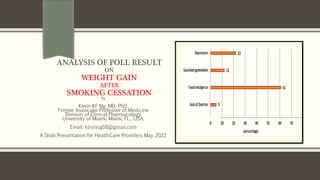 ANALYSIS OF POLL RESULT
ON
WEIGHT GAIN
AFTER
SMOKING CESSATION
By
Kevin KF Ng, MD, PhD.
Former Associate Professor of Medicine
Division of Clinical Pharmacology
University of Miami, Miami, FL., USA.
Email: kevinng68@gmail.com
A Slide Presentation for HealthCare Providers May 2022
 