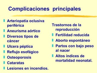 Complicaciones  principales  Arteriopatía oclusiva periférica A neurisma aórtico  D iversos tipos de cáncer  U lcera péptica   Reflujo esofágico Osteoporosis C atarata s   L esiones en incendios.    T rastornos de la reproducción  F ertilidad reducida  A borto espontáneo P artos con bajo peso al nacer A ltos índices de mortalidad neonatal.   