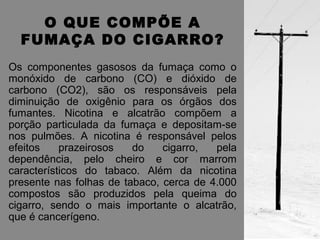 O QUE COMPÕE A 
FUMAÇA DO CIGARRO? 
Os componentes gasosos da fumaça como o 
monóxido de carbono (CO) e dióxido de 
carbono (CO2), são os responsáveis pela 
diminuição de oxigênio para os órgãos dos 
fumantes. Nicotina e alcatrão compõem a 
porção particulada da fumaça e depositam-se 
nos pulmões. A nicotina é responsável pelos 
efeitos prazeirosos do cigarro, pela 
dependência, pelo cheiro e cor marrom 
característicos do tabaco. Além da nicotina 
presente nas folhas de tabaco, cerca de 4.000 
compostos são produzidos pela queima do 
cigarro, sendo o mais importante o alcatrão, 
que é cancerígeno. 
 