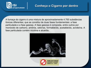 Conheça o Cigarro por dentro A fumaça do cigarro é uma mistura de aproximadamente 4.700 substâncias tóxicas diferentes; que se constitui de duas fases fundamentais: a fase particulada e a fase gasosa. A fase gasosa é composta, entre outros por monóxido de carbono, amônia, cetonas, formaldeído, acetaldeído, acroleína. A fase particulada contém nicotina e alcatrão. 