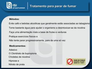 Tratamento para parar de fumar Métodos: Evite café e bebidas alcoólicas que geralmente estão associadas ao tabagismo  Tome bastante água para ajudar o organismo a desintoxicar-se da nicotina  Faça uma alimentação mais a base de frutas e verduras  Pratique exercícios físicos e Não tente parar progressivamente, pare de uma só vez Medicamentos: Adesivo O Cloridrato de bupropiona  Chicletes de nicotina  Hipnose e Nitrato de prata  