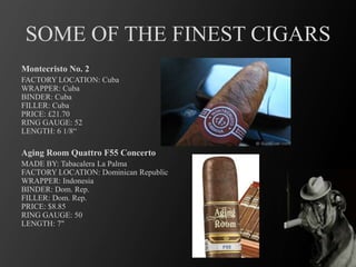 SOME OF THE FINEST CIGARS
Montecristo No. 2
FACTORY LOCATION: Cuba
WRAPPER: Cuba
BINDER: Cuba
FILLER: Cuba
PRICE: £21.70
RING GAUGE: 52
LENGTH: 6 1/8“
Aging Room Quattro F55 Concerto
MADE BY: Tabacalera La Palma
FACTORY LOCATION: Dominican Republic
WRAPPER: Indonesia
BINDER: Dom. Rep.
FILLER: Dom. Rep.
PRICE: $8.85
RING GAUGE: 50
LENGTH: 7"
 