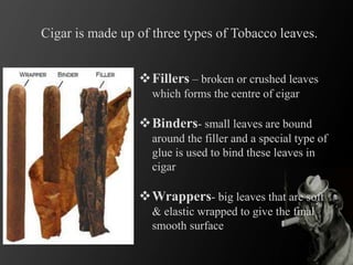 Cigar is made up of three types of Tobacco leaves.
Fillers – broken or crushed leaves
which forms the centre of cigar
Binders- small leaves are bound
around the filler and a special type of
glue is used to bind these leaves in
cigar
Wrappers- big leaves that are soft
& elastic wrapped to give the final
smooth surface
 