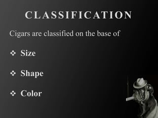 CLASSIFICATION
Cigars are classified on the base of
 Size
 Shape
 Color
 
