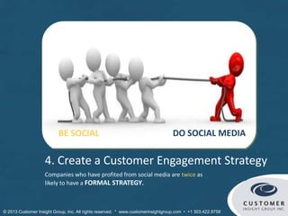4. Create a Customer Engagement Strategy
Companies who have profited from social media are twice as
likely to have a FORMAL STRATEGY.
BE SOCIAL DO SOCIAL MEDIA
© Customer Insight Group, Inc. All rights reserved. * www.customerinsightgroup.com • +1 303.422.9758
 