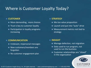 Where is Customer Loyalty Today?
 CUSTOMER
 More demanding, more choices
 Trust is key to customer loyalty
 Participation in loyalty programs
increasing
 COMMUNICATION
 Irrelevant, impersonal messages
 New customers/members are
forgotten
 No customer engagement plan
 STRATEGY
 Me too value proposition
 Launch and put into “auto” drive
 Measurement metrics not tied to
strategy
 INSIGHT
 Manage defection, not migration
 Data used to run program, not
used to run the business
 Customer relationships are “siloed”
in the organization
© Customer Insight Group, Inc. All rights reserved. * www.customerinsightgroup.com • +1 303.422.9758
 
