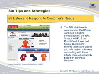 Six Tips and Strategies The NFL database is comprised of 75 different variables including demographics, the NFL Shop, the NFL Extra Credit Card; travel and hotels. Customers’ favorite teams are tagged and information is broken out starting with team affinity then subsequently based on purchase behavior.   #5 Listen and Respond to Customer’s Needs  Source: Double-Click Consumer Loyalty Survey 2Q 2007   Copyright    2010 Customer Insight Group, Inc.   