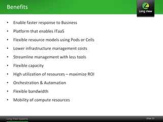 Benefits

•   Enable faster response to Business
•   Platform that enables ITaaS
•   Flexible resource models using Pods or Cells
•   Lower infrastructure management costs
•   Streamline management with less tools
•   Flexible capacity
•   High utilization of resources – maximize ROI
•   Orchestration & Automation
•   Flexible bandwidth
•   Mobility of compute resources


                                                   Slide 23
 