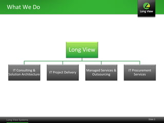 What We Do




                                     Long View


   IT Consulting &                            Managed Services &   IT Procurement
                        IT Project Delivery
Solution Architecture                            Outsourcing           Services




                                                                               Slide 5
 