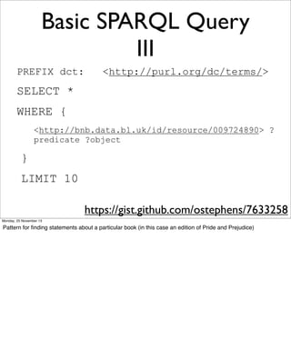 Basic SPARQL Query
III
PREFIX dct:

<http://purl.org/dc/terms/>

SELECT *
WHERE {
<http://bnb.data.bl.uk/id/resource/009724890> ?
predicate ?object

}
LIMIT 10
https://gist.github.com/ostephens/7633258
Monday, 25 November 13

Pattern for ﬁnding statements about a particular book (in this case an edition of Pride and Prejudice)

 