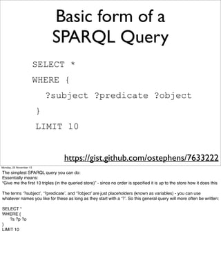 Basic form of a
SPARQL Query
SELECT *
WHERE {
?subject ?predicate ?object
}
LIMIT 10
https://gist.github.com/ostephens/7633222
Monday, 25 November 13

The simplest SPARQL query you can do:
Essentially means:
“Give me the ﬁrst 10 triples (in the queried store)” - since no order is speciﬁed it is up to the store how it does this
The terms ‘?subject’, ‘?predicate’, and ‘?object’ are just placeholders (known as variables) - you can use
whatever names you like for these as long as they start with a ‘?’. So this general query will more often be written:
SELECT *
WHERE {
!
?s ?p ?o
}
LIMIT 10

 