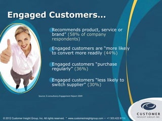 Engaged Customers…
                                           Recommends product, service or
                                           brand” (58% of company
                                           respondents)

                                           Engaged customers are “more likely
                                           to convert more readily (44%)

                                           Engaged customers “purchase
                                           regularly” (36%)

                                           Engaged customers “less likely to
                                           switch supplier” (30%)

                              Source: E-consultancy Engagement Report 2009




© 2012 Customer Insight Group, Inc. All rights reserved. * www.customerinsightgroup.com • +1 303.422.9758
 