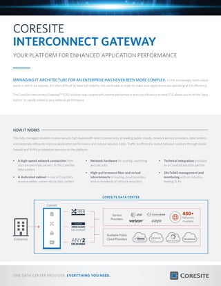 ONE DATA CENTER PROVIDER. EVERYTHING YOU NEED.
450+
Networks
Available
Enterprise
Available Public
Cloud Providers
database
lock-alt
CORESITE DATA CENTER
Service
Providers
Cabinet
CORESITE
INTERCONNECT GATEWAY
YOUR PLATFORM FOR ENHANCED APPLICATION PERFORMANCE
The CoreSite Interconnect Gateway™ (CIG) solution was created with optimal performance and cost efficiency in mind. CIG allows you to hit the “easy
button” to rapidly enhance your network performance.
This fully managed solution creates secure, high-bandwidth direct connectivity to leading public clouds, network service providers, data centers,
and corporate offices to improve application performance and reduce network costs. Traffic is efficiently routed between vendors through router,
firewall and WAN acceleration services on the platform.
MANAGING IT ARCHITECTURE FOR AN ENTERPRISE HAS NEVER BEEN MORE COMPLEX. In the increasingly multi-cloud
world in which we operate, it’s often difficult to have full visibility into workloads in order to make sure applications are operating at full efficiency.
•	 Network hardware for routing, switching
and security
•	 High-performance fiber and virtual
interconnects to leading cloud providers
and/or hundreds of network providers
•	 Technical integration provided
by a CoreSite solution partner
•	 24x7x365 management and
monitoring with an industry-
leading SLAs
•	 A high-speed network connection from
your on-premises servers to the CoreSite
data centers
•	 A dedicated cabinet in one of CoreSite’s
cloud-enabled, carrier-dense data centers

HOW IT WORKS
 