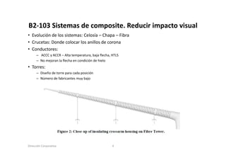 B2‐103 Sistemas de composite. Reducir impacto visual
B2 103 Sistemas de composite Reducir impacto visual
• Evolución de los sistemas: Celosía – Chapa – Fibra
• Crucetas: Donde colocar los anillos de corona
  C ucetas: o de co oca os a os co o a
• Conductores:
      – ACCC y ACCR – Alta temperatura, baja flecha, HTLS
      – No mejoran la flecha en condición de hielo
             j
• Torres:
      – Diseño de torre para cada posición
      – Número de fabricantes muy bajo
                                  y j




Dirección Corporativa                                4
 