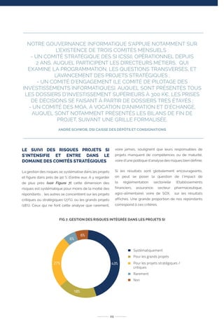 LE SUIVI DES RISQUES PROJETS SI
S’INTENSIFIE ET ENTRE DANS LE
DOMAINE DES COMITÉS STRATÉGIQUES
La gestion des risques se systématise dans les projets
et figure dans près de 90 % d’entre eux. A y regarder
de plus près (voir Figure 7), cette dimension des
risques est systématique pour moins de la moitié des
répondants ; les autres se concentrent sur les projets
critiques ou stratégiques (27%), ou les grands projets
(18%). Ceux qui ne font cette analyse que rarement,
voire jamais, soulignent que leurs responsables de
projets manquent de compétences ou de maturité,
voire d’une politique d’analyse des risques bien définie.
Si les résultats sont globalement encourageants,
on peut se poser la question de l’impact de
la réglementation sectorielle (Etablissements
financiers, assurance, secteur pharmaceutique,
agro-alimentaire), voire de SOX, sur les résultats
affichés. Une grande proportion de nos répondants
correspond à ces critères.
25
NOTRE GOUVERNANCE INFORMATIQUE S’APPUIE NOTAMMENT SUR
L’EXISTENCE DE TROIS COMITÉS MENSUELS :
- UN COMITÉ STRATÉGIQUE DES SI (CSSI), OPÉRATIONNEL DEPUIS
2 ANS, AUQUEL PARTICIPENT LES DIRECTEURS MÉTIERS, QUI
EXAMINE LA PROGRAMMATION, LES QUESTIONS TRANSVERSES, ET
L’AVANCEMENT DES PROJETS STRATÉGIQUES ;
- UN COMITÉ D’ENGAGEMENT (LE COMITÉ DE PILOTAGE DES
INVESTISSEMENTS INFORMATIQUES), AUQUEL SONT PRÉSENTÉS TOUS
LES DOSSIERS D’INVESTISSEMENT SUPÉRIEURS À 300 K€, LES PRISES
DE DÉCISIONS SE FAISANT À PARTIR DE DOSSIERS TRÈS ÉTAYÉS ;
- UN COMITÉ DES MOA, À VOCATION D’ANIMATION ET D’ÉCHANGE,
AUQUEL SONT NOTAMMENT PRÉSENTÉS LES BILANS DE FIN DE
PROJET, SUIVANT UNE GRILLE FORMALISÉE.
ANDRÉ SCHWOB, DSI CAISSE DES DÉPÔTS ET CONSIGNATIONS
FIG 7. GESTION DES RISQUES INTÉGRÉE DANS LES PROJETS SI
 