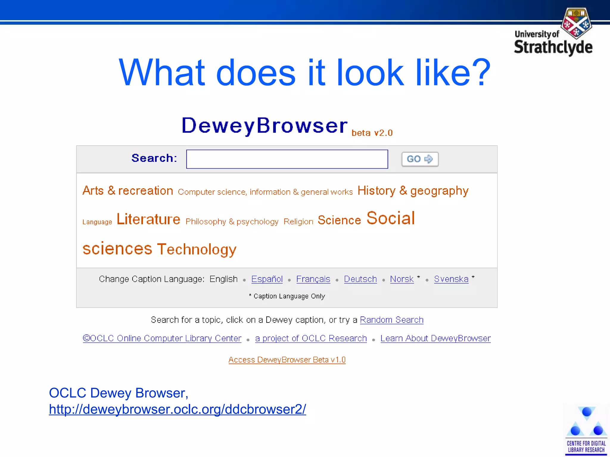 What does it look like? OCLC Dewey Browser,  http://deweybrowser.oclc.org/ddcbrowser2/ 