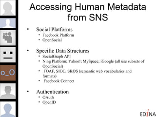 Accessing Human Metadata from SNS Social Platforms Facebook Platform OpenSocial Specific Data Structures SocialGraph API Ning Platform; Yahoo!; MySpace; iGoogle (all use subsets of OpenSocial) FOAF, SIOC, SKOS (semantic web vocabularies and formats) Facebook Connect Authentication OAuth OpenID 