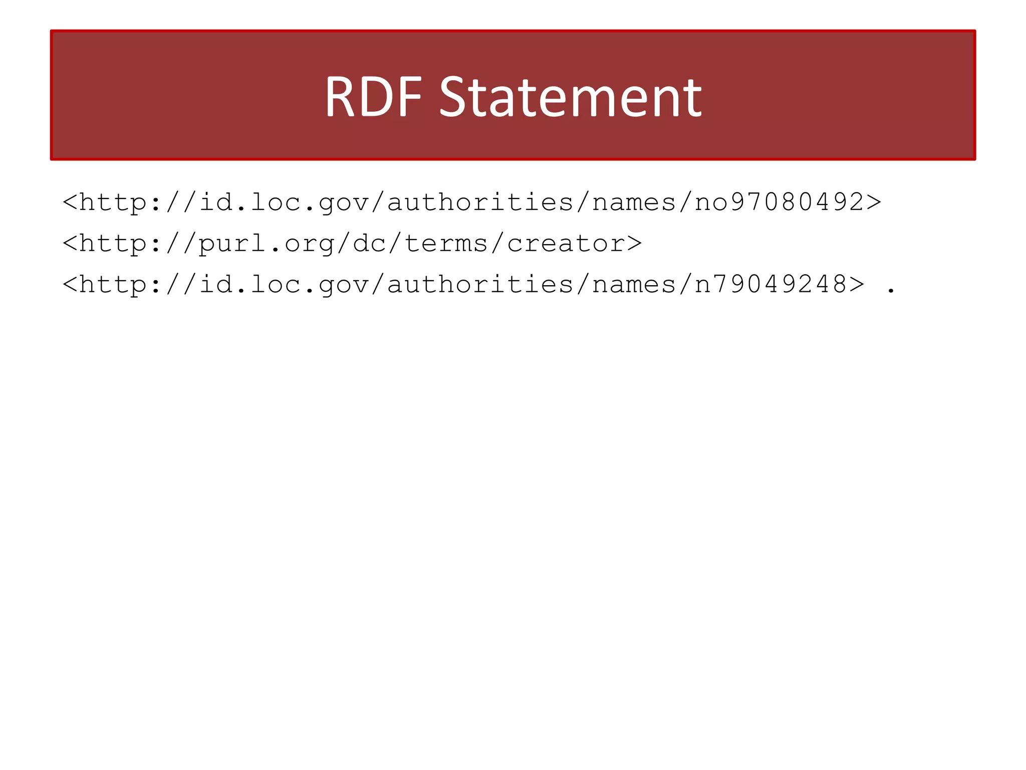 RDF Statement
<http://id.loc.gov/authorities/names/no97080492>
<http://purl.org/dc/terms/creator>
<http://id.loc.gov/authorities/names/n79049248> .

 