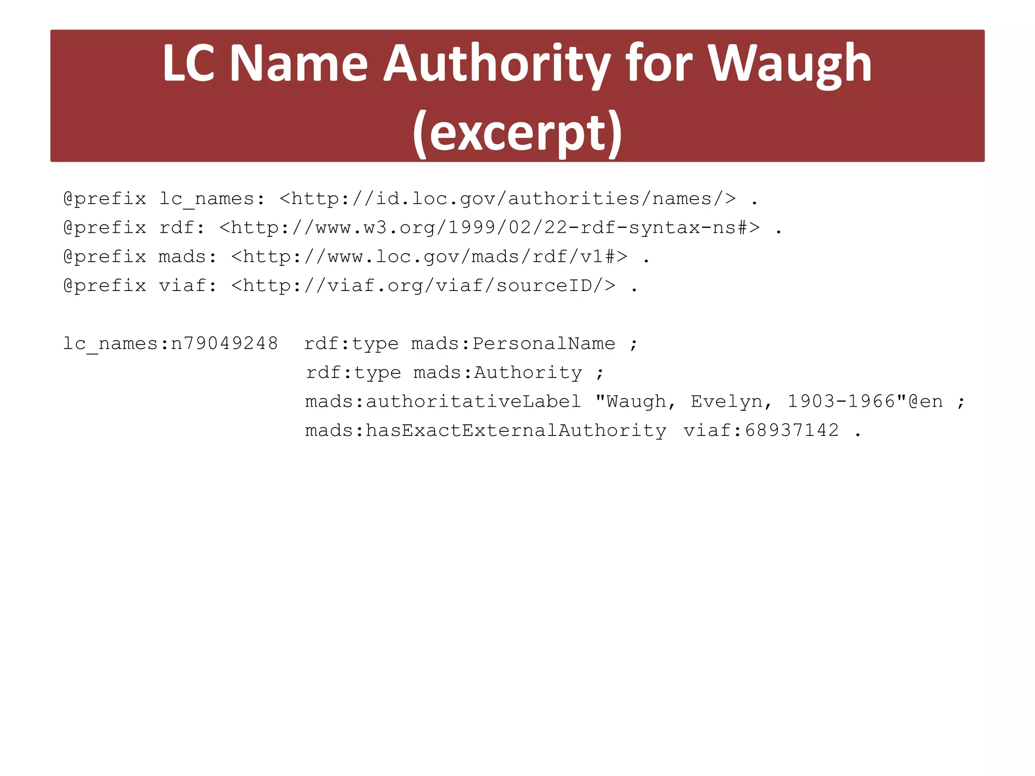 LC Name Authority for Waugh
(excerpt)
@prefix
@prefix
@prefix
@prefix

lc_names: <http://id.loc.gov/authorities/names/> .
rdf: <http://www.w3.org/1999/02/22-rdf-syntax-ns#> .
mads: <http://www.loc.gov/mads/rdf/v1#> .
viaf: <http://viaf.org/viaf/sourceID/> .

lc_names:n79049248

rdf:type mads:PersonalName ;
rdf:type mads:Authority ;
mads:authoritativeLabel "Waugh, Evelyn, 1903-1966"@en ;
mads:hasExactExternalAuthority viaf:68937142 .

 