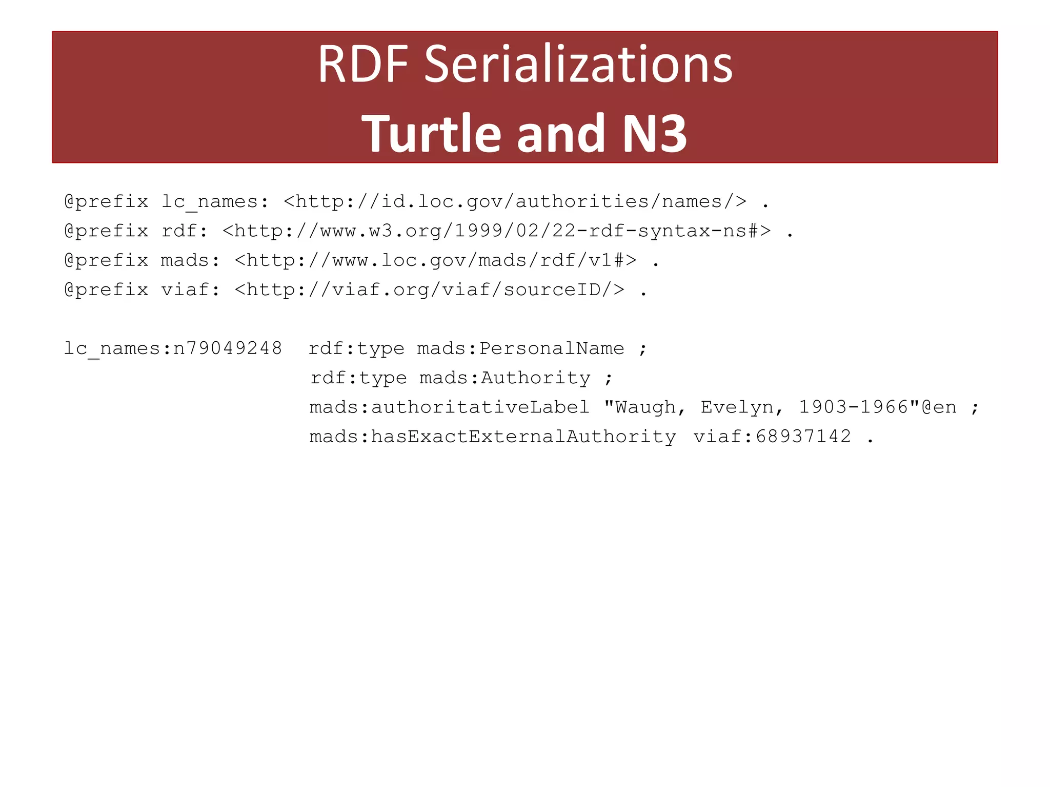 RDF Serializations
Turtle and N3
@prefix
@prefix
@prefix
@prefix

lc_names: <http://id.loc.gov/authorities/names/> .
rdf: <http://www.w3.org/1999/02/22-rdf-syntax-ns#> .
mads: <http://www.loc.gov/mads/rdf/v1#> .
viaf: <http://viaf.org/viaf/sourceID/> .

lc_names:n79049248

rdf:type mads:PersonalName ;
rdf:type mads:Authority ;
mads:authoritativeLabel "Waugh, Evelyn, 1903-1966"@en ;
mads:hasExactExternalAuthority viaf:68937142 .

 