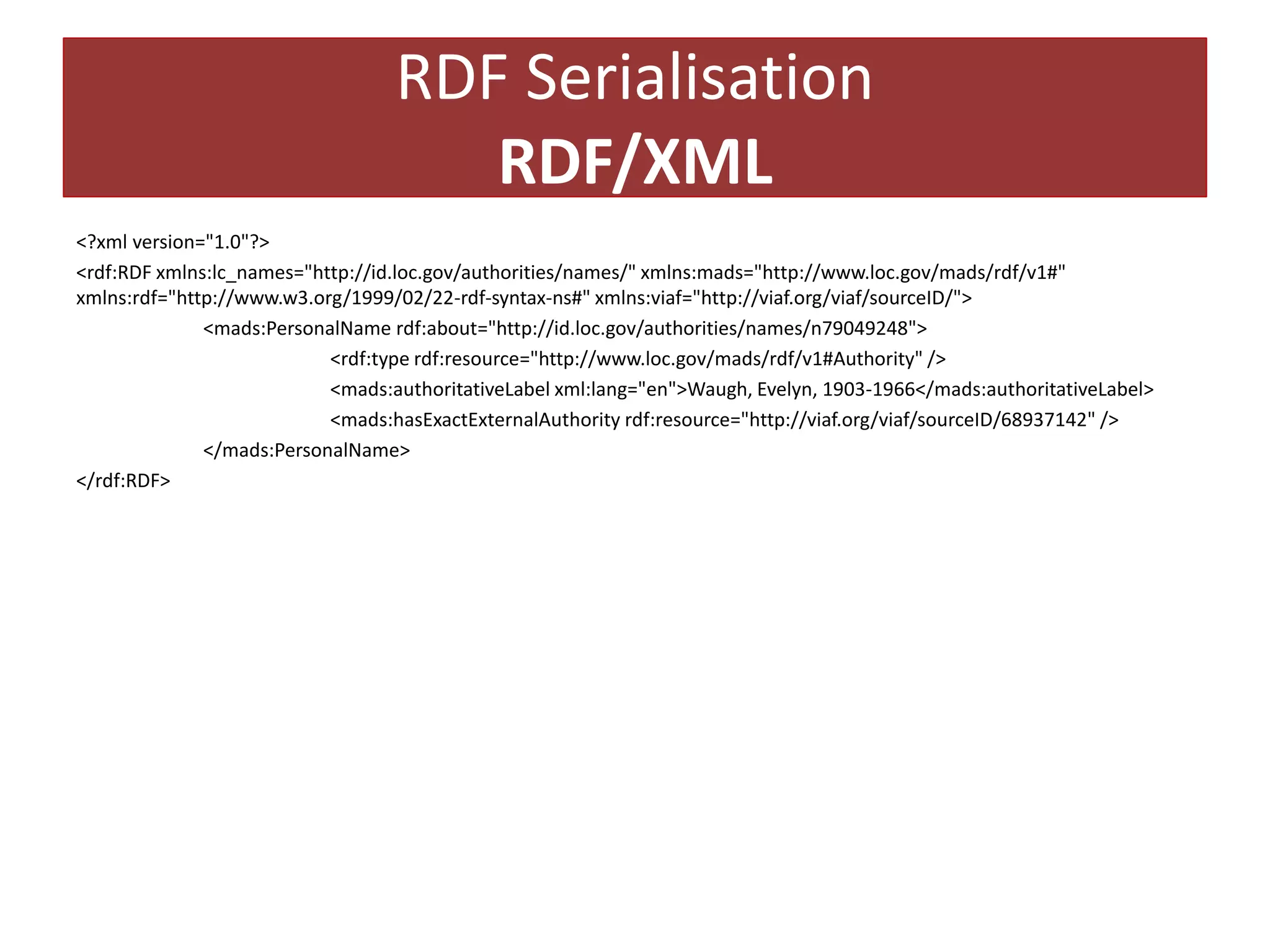 RDF Serialisation
RDF/XML
<?xml version="1.0"?>
<rdf:RDF xmlns:lc_names="http://id.loc.gov/authorities/names/" xmlns:mads="http://www.loc.gov/mads/rdf/v1#"
xmlns:rdf="http://www.w3.org/1999/02/22-rdf-syntax-ns#" xmlns:viaf="http://viaf.org/viaf/sourceID/">
<mads:PersonalName rdf:about="http://id.loc.gov/authorities/names/n79049248">
<rdf:type rdf:resource="http://www.loc.gov/mads/rdf/v1#Authority" />
<mads:authoritativeLabel xml:lang="en">Waugh, Evelyn, 1903-1966</mads:authoritativeLabel>
<mads:hasExactExternalAuthority rdf:resource="http://viaf.org/viaf/sourceID/68937142" />
</mads:PersonalName>
</rdf:RDF>

 