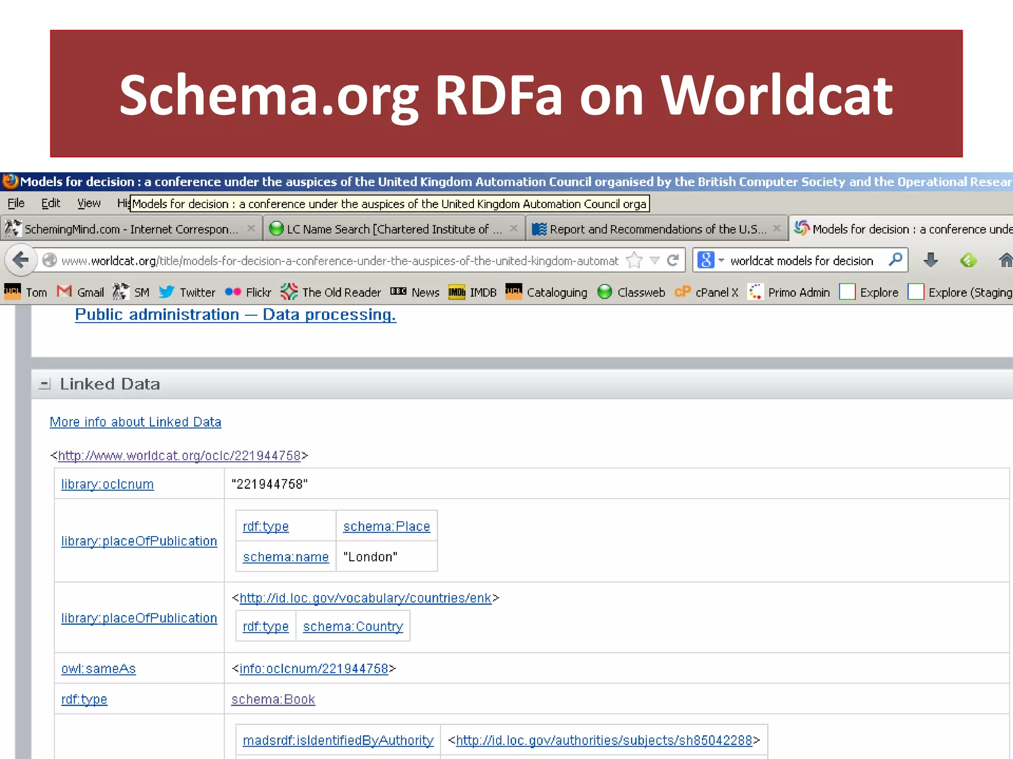 Schema.org RDFa on Worldcat

 