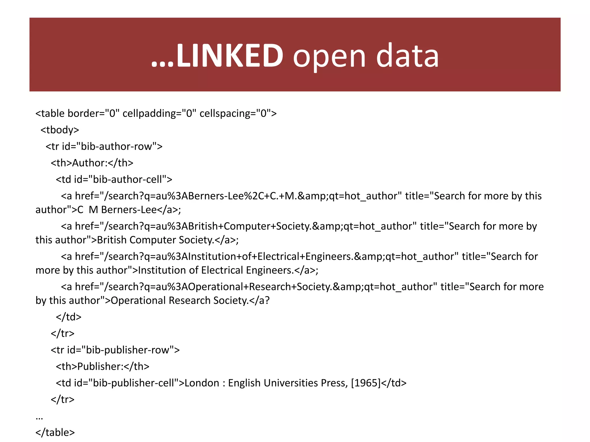 …LINKED open data
<table border="0" cellpadding="0" cellspacing="0">
<tbody>
<tr id="bib-author-row">
<th>Author:</th>
<td id="bib-author-cell">
<a href="/search?q=au%3ABerners-Lee%2C+C.+M.&amp;qt=hot_author" title="Search for more by this
author">C M Berners-Lee</a>;
<a href="/search?q=au%3ABritish+Computer+Society.&amp;qt=hot_author" title="Search for more by
this author">British Computer Society.</a>;
<a href="/search?q=au%3AInstitution+of+Electrical+Engineers.&amp;qt=hot_author" title="Search for
more by this author">Institution of Electrical Engineers.</a>;
<a href="/search?q=au%3AOperational+Research+Society.&amp;qt=hot_author" title="Search for more
by this author">Operational Research Society.</a?
</td>
</tr>
<tr id="bib-publisher-row">
<th>Publisher:</th>
<td id="bib-publisher-cell">London : English Universities Press, [1965]</td>
</tr>
…
</table>

 