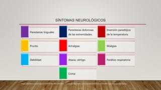 SÍNTOMAS NEUROLÓGICOS
Parestesias linguales
Parestesias dolorosas
de las extremidades.
Inversión paradójica
de la temperatura.
Prurito Artralgias Mialgias
Debilidad Ataxia, vértigo Parálisis respiratoria
Coma
https://emedicine.medscape.com/article/813869-overview. https://teksmedik.com/uptodate20/d/topic.htm?path=ciguatera-fish-poisoning
 