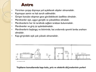 AntreAntre
• Yürürken çarpıp düşmeye yol açabilecek objeler olmamalıdır.
• Kaymayan zemin ve halı tercih edilmelidir.
• Girişen konulan ekipman gece görülebilecek özellikte olmalıdır.
• Merdivenler eşit, uygun genişlik ve yükseklikte olmalıdır.
• Merdivenlerin her iki tarafında sa lam tırabzan bulunmalıdır.ğ
• Merdivenler ve giriş iyi aydınlatılmalıdır.
• Merdivenlerin başlangıç ve bitiminde, kat aralarında ışınımlı lamba anahtarı
olmalıdır.
• Kapı girişindeki eşik çok yüksek olmamalıdır.
Yaşlıların konutlarında kapı kolu, priz ve elektrik dü melerinin yerleriğ
 
