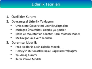 1. Özellikler Kuramı
2. Davranışsal Liderlik Yaklaşımı
 Ohio State Üniversitesi Liderlik Çalışmaları
 Michigan Üniversitesi Liderlik Çalışmaları
 Blake ve Mounton’un Yönetim Tarzı Matriksi Modeli
 Mc Gregor’un X ve Y Teorileri
3. Durumsal Liderlik
 Fred Fiedler’in Etkin Liderlik Modeli
 Hersey’in Durumsallık (Koşul Bağımlılık) Yaklaşımı
 Yol-Amaç Kuramı
 Karar Verme Modeli
Liderlik Teorileri
 