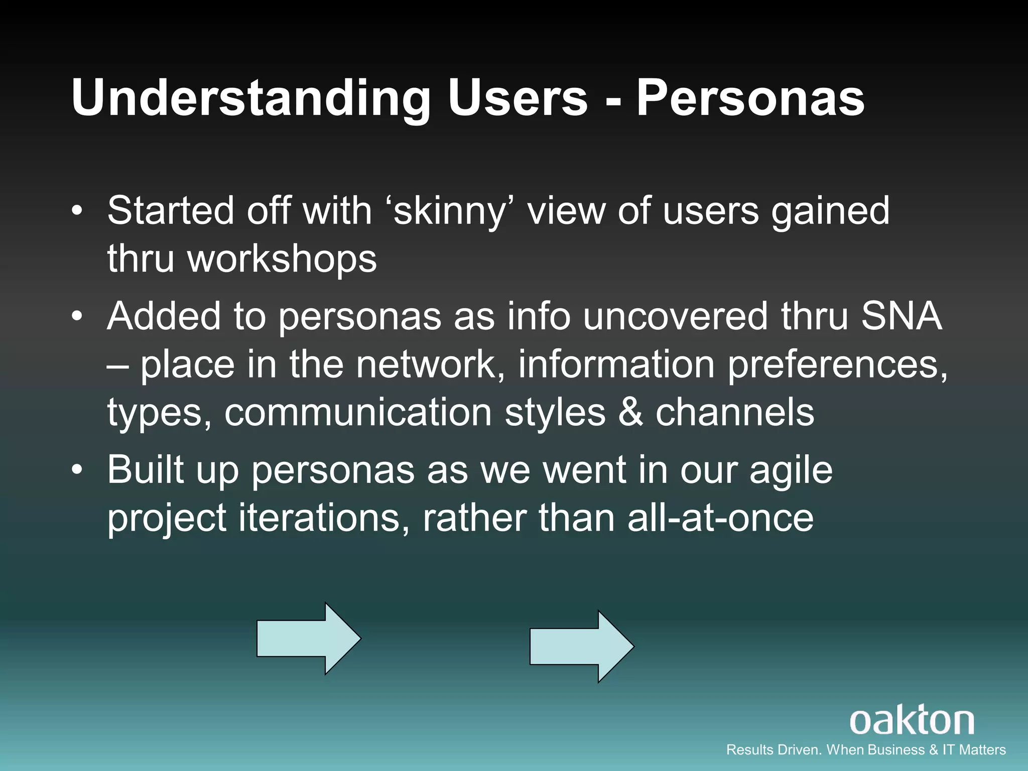 Understanding Users - Personas

• Started off with „skinny‟ view of users gained
  thru workshops
• Added to personas as info uncovered thru SNA
  – place in the network, information preferences,
  types, communication styles & channels
• Built up personas as we went in our agile
  project iterations, rather than all-at-once




                                     Results Driven. When Business & IT Matters
 