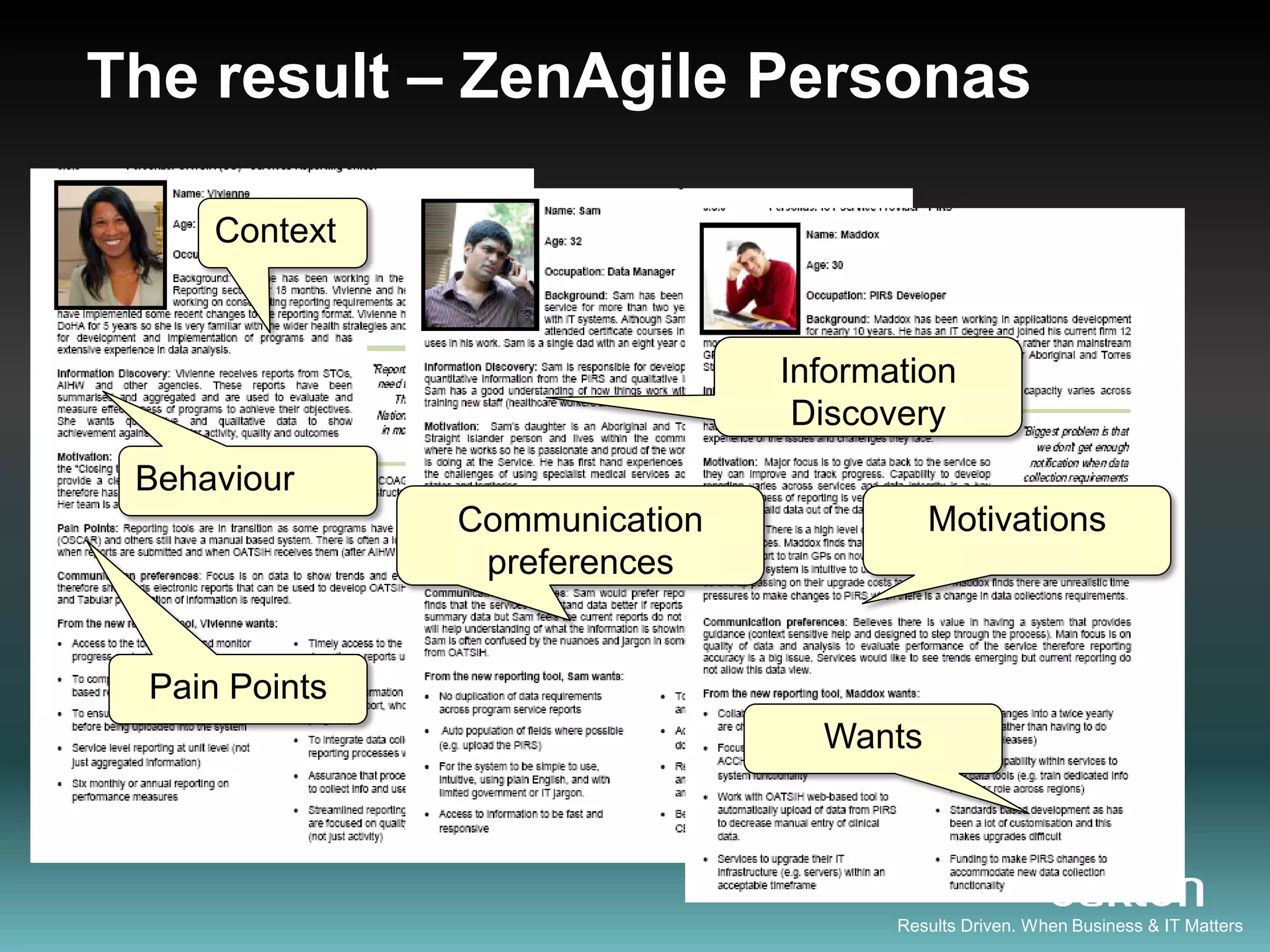 The result – ZenAgile Personas

     Context


                               Information
                                Discovery
 Behaviour
               Communication             Motivations
                preferences


 Pain Points
                                 Wants




                                      Results Driven. When Business & IT Matters
 