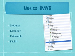 Que es HMVC


Módulos

Estándar

Extensible

Fácil!!!
 