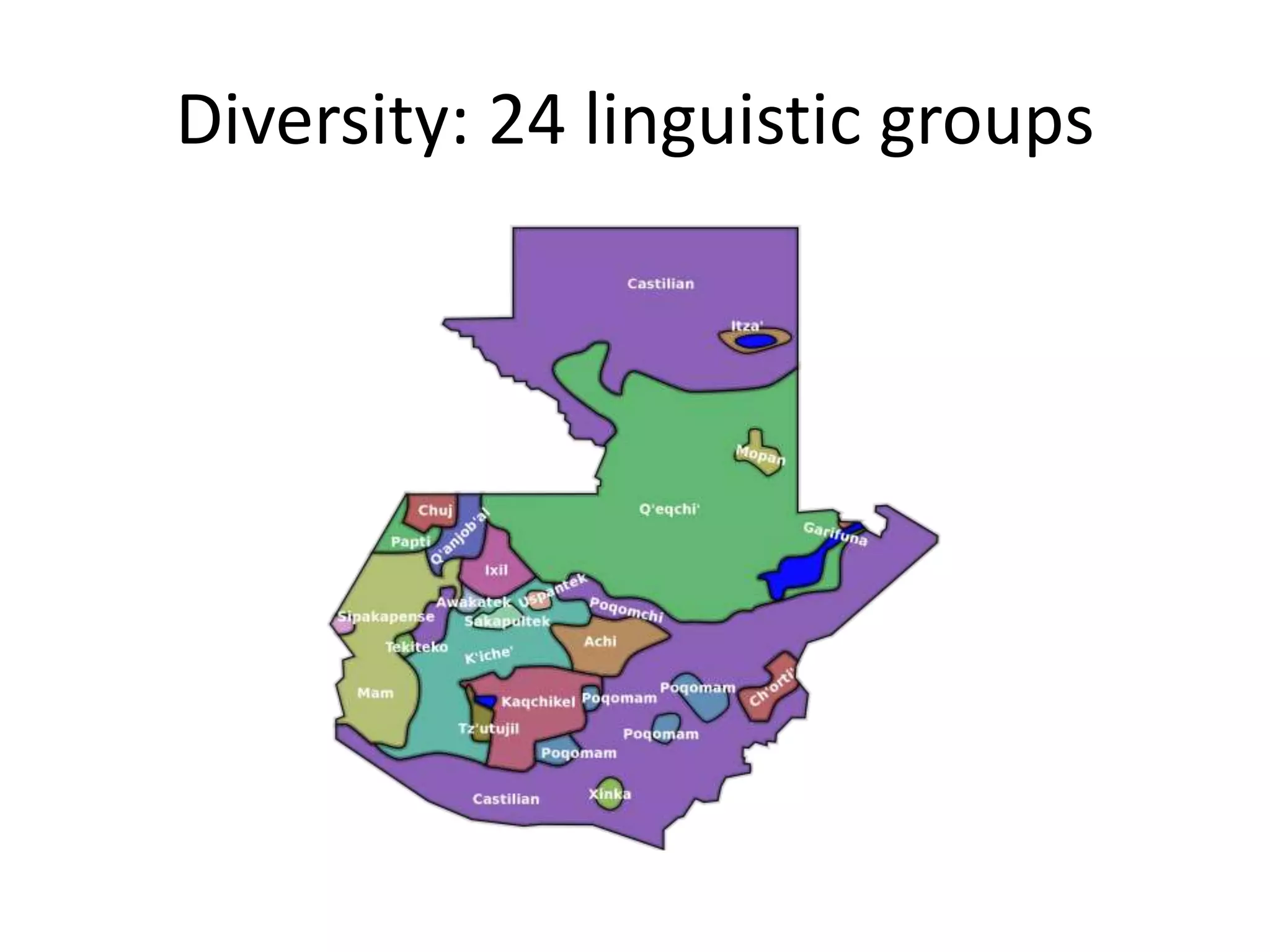 Diversity: 24 linguistic groups
 