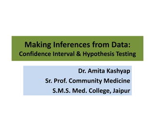 Making Inferences from Data:
Confidence Interval & Hypothesis Testing
Dr. Amita Kashyap
Sr. Prof. Community Medicine
S.M.S. Med. College, Jaipur
 