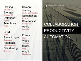 collaborationProductivityautomation“Doing more with lessHostingAmazon EC2StorageAmazon S3DatabaseMySQLTelephonyTwilioCRMZohoProject mgmtBasecampFeedbackGetsatisfactionFile sharingDropboxScreen sharingAdobe ConnectNowScreenshots	PicpickScreencastCamstudioAudioAudacityForms	WufooVideoYouTubeSlides	Preziemail	MailChimp