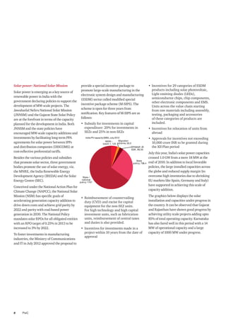 PwC8
Solar power: National Solar Mission
Solar power is emerging as a key source of
renewable power in India with the
government declaring policies to support the
development of MW-scale projects. The
Jawaharlal Nehru National Solar Mission
(JNNSM) and the Gujarat State Solar Policy
are at the forefront in terms of the capacity
planned for the development in India. Both
JNNSM and the state policies have
encouraged MW-scale capacity additions and
investments by facilitating long-term PPA
agreements for solar power between IPPs
and distribution companies (DISCOMS) at
cost-reflective preferential tariffs.
Besides the various policies and subsidies
that promote solar sector, three government
bodies promote the use of solar energy, viz.
the MNRE, the India Renewable Energy
Development Agency (IREDA) and the Solar
Energy Centre (SEC).
Conceived under the National Action Plan for
Climate Change (NAPCC), the National Solar
Mission (NSM) has specific goals of
accelerating generation capacity addition to
drive down costs and achieve grid parity by
2022 and parity with coal-based power
generation in 2030. The National Policy
mandates solar RPOs for all obligated entities
with an RPO target of 0.25% in 2013 to be
increased to 3% by 2022.
To foster investments in manufacturing
industries, the Ministry of Communications
and IT in July 2012 approved the proposal to
provide a special incentive package to
promote large-scale manufacturing in the
electronic system design and manufacturing
(ESDM) sector called modified special
incentive package scheme (M-SIPS). The
scheme is open for three years from
notification. Key features of M-SIPS are as
follows:
•	 Subsidy for investments in capital
expenditure: 20% for investments in
SEZs and 25% in non-SEZs
•	 Reimbursement of countervailing
duty (CVD) and excise for capital
equipment for the non-SEZ units.
For high technology and high capital
investment units, such as fabrication
units, reimbursement of central taxes
and duties is also provided.
•	 Incentives for investments made in a
project within 10 years from the date of
approval
•	 Incentives for 29 categories of ESDM
products including solar photovoltaic,
Light emitting diodes (LEDs),
semiconductor chips, chip components,
other electronic components and EMS.
Units across the value chain starting
from raw materials including assembly,
testing, packaging and accessories
of these categories of products are
included.
•	 Incentives for relocation of units from
abroad
•	 Approvals for incentives not exceeding
10,000 crore INR to be granted during
the XII Plan period
July this year, India’s solar power capacities
crossed 1.0 GW from a mere 18 MW at the
end of 2010. In addition to local favorable
policies, the large installed capacities across
the globe and reduced supply margin (to
overcome high inventories due to shrinking
EU markets like Spain, Germany and Italy)
have supported in achieving this scale of
capacity addition.
The graphics below displays the solar
installation and capacities under progress in
the country. It can be observed that Gujarat
and Rajasthan have shown good progress by
achieving utility scale projects adding upto
85% of total operating capacity. Karnataka
has also fared well in this period with a 14
MW of operational capacity and a large
capacity of 1000 MW under progress.
 