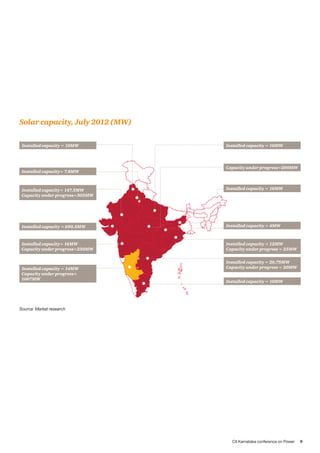CII Karnataka conference on Power 9
Solar capacity, July 2012 (MW)
Source: Market research
Installed capacity = 10MW Installed capacity = 10MW
Capacity under progress=200MW
Installed capacity = 16MW
Installed capacity = 4MW
Installed capacity= 7.8MW
Installed capacity = 690.5MW
Installed capacity= 147.5MW
Capacity under progress=305MW
Installed capacity= 16MW
Capacity under progress=230MW
Installed capacity = 12MW
Capacity under progress = 25MW
Installed capacity = 26.75MW
Capacity under progress = 20MW
Installed capacity = 10MW
Installed capacity = 14MW
Capacity under progress=
1007MW
 