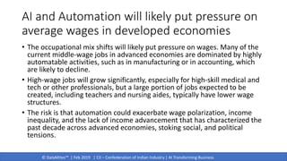 © DataMites™ | Feb 2019 | CII – Confederation of Indian Industry | AI Transforming Business
AI and Automation will likely put pressure on
average wages in developed economies
• The occupational mix shifts will likely put pressure on wages. Many of the
current middle-wage jobs in advanced economies are dominated by highly
automatable activities, such as in manufacturing or in accounting, which
are likely to decline.
• High-wage jobs will grow significantly, especially for high-skill medical and
tech or other professionals, but a large portion of jobs expected to be
created, including teachers and nursing aides, typically have lower wage
structures.
• The risk is that automation could exacerbate wage polarization, income
inequality, and the lack of income advancement that has characterized the
past decade across advanced economies, stoking social, and political
tensions.
 