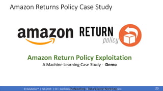 © DataMites™ | Feb 2019 | CII – Confederation of Indian Industry | AI Transforming Business
Amazon Returns Policy Case Study
TheNextStep - Data Science Workshop 23
Amazon Return Policy Exploitation
A Machine Learning Case Study - Demo
 