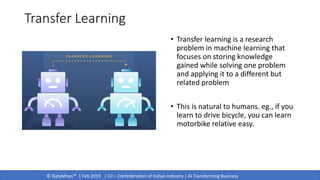 © DataMites™ | Feb 2019 | CII – Confederation of Indian Industry | AI Transforming Business
Transfer Learning
• Transfer learning is a research
problem in machine learning that
focuses on storing knowledge
gained while solving one problem
and applying it to a different but
related problem
• This is natural to humans. eg., if you
learn to drive bicycle, you can learn
motorbike relative easy.
 